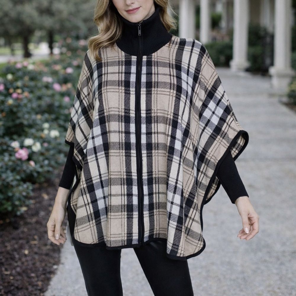 Jones New York Plaid Wool Blend Zip Up Cape/Poncho